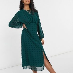 ASOS Midi Tea Side Slit Dress Open Back Textured Polka Dots Long Sleeves Size 2